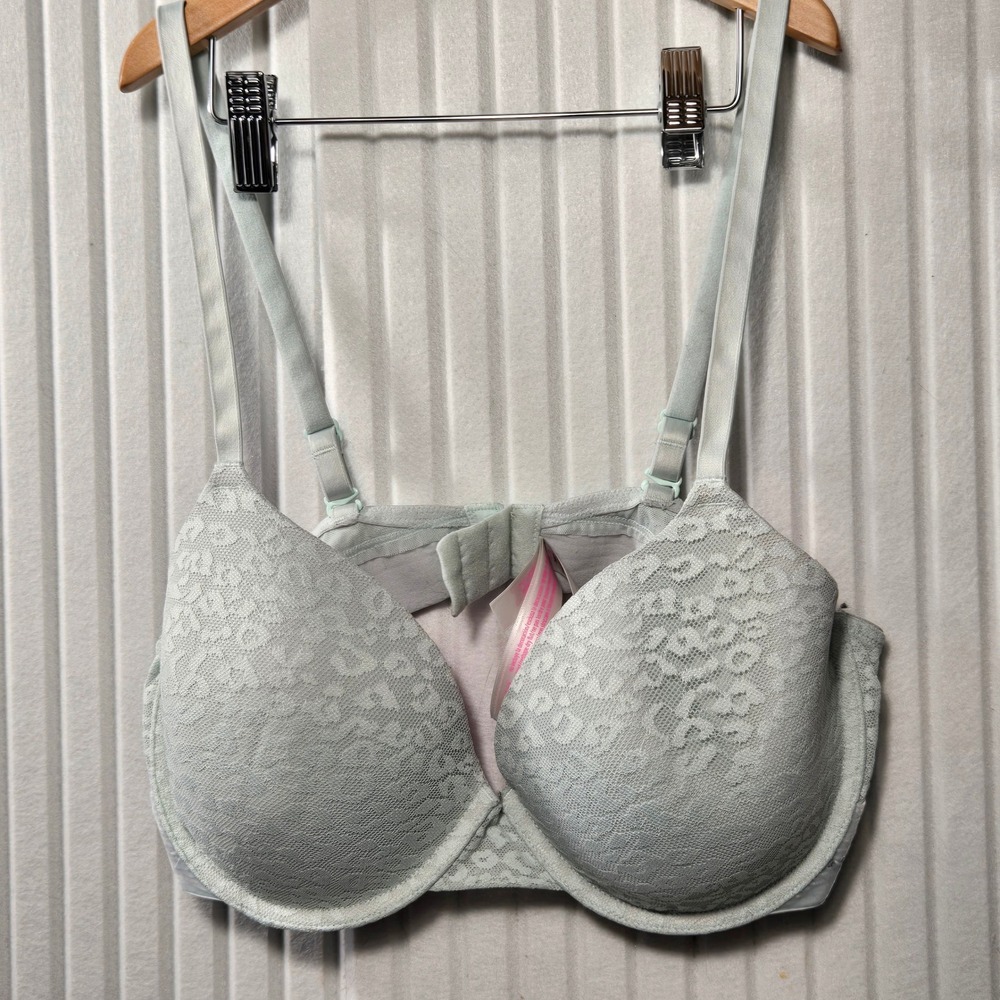 Victoria's Secret PINK Wear Everywhere T-Shirt Bra Mint Green Leopard Lace 36D‎